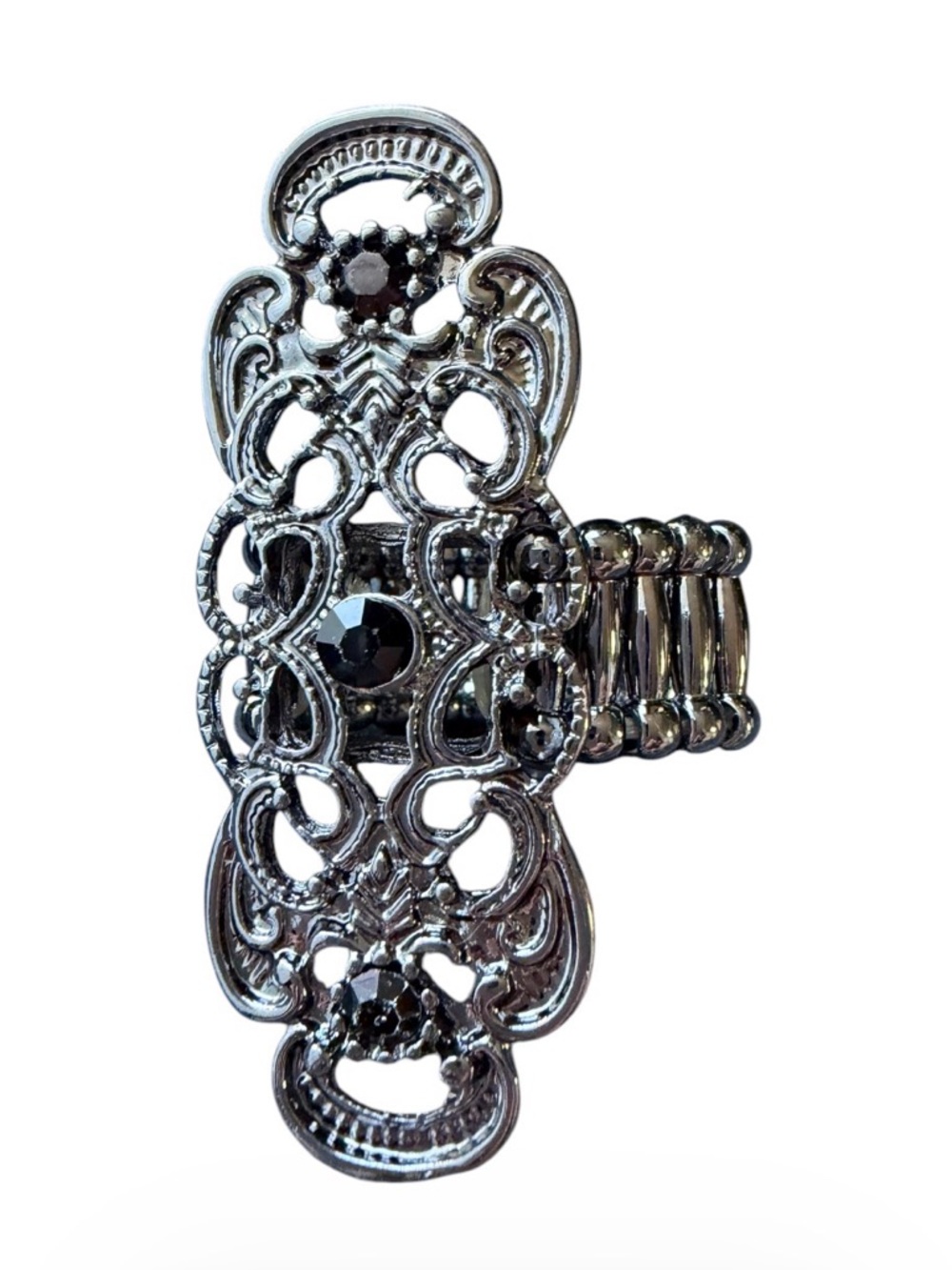 Vintage-Inspired Black Crystal Filigree Stretch Ring - Black
